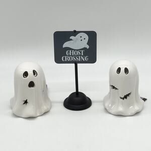 3Pc Set LED Halloween Ghosts w/ Bats Stars + Mini Ghost Crossing Street Sign NEW